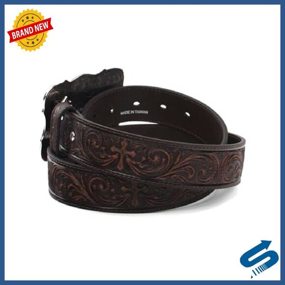 Western Leather Belt with Silver Buckle, Floral Cross Design, Size M/L/XL main image 4